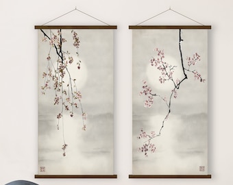 Set of Two Japanese Cherry Blossom Sunset Canvas Print, Oriental Landscape Watercolor Minimal Colors Zen Feng Shui Decor Eco Friendly Gift