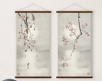 Set de Dos Lámina Japon Flor Cerezo Agua Ocaso, Acuarela Tinta Paisaje Oriental Decoración Minimalista Zen Feng Shui Arte Asiático Regalo