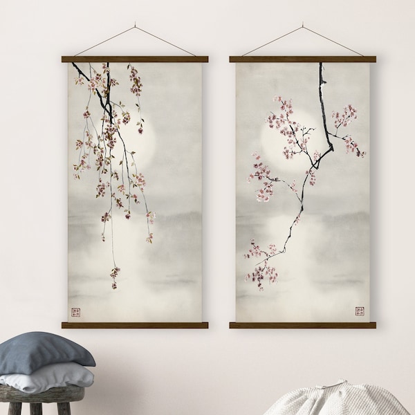 Lot de deux imprimés coucher de soleil fleurs de cerisier japonais, paysage oriental aquarelle couleurs minimales décoration de chambre zen feng shui cadeau écologique