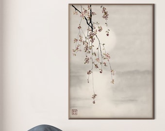 Japanese Sakura Cherry Blossom Water Sunset Print, Oriental Asian Landscape Watercolor Scroll Minimal Zen Feng Shui Decor Eco Friendly Gift