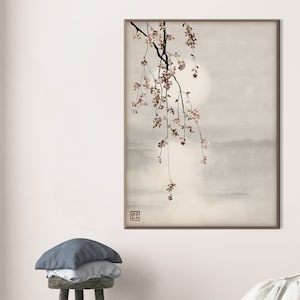 Japanese Sakura Cherry Blossom Water Sunset Print, Oriental Asian Landscape Watercolor Scroll Minimal Zen Feng Shui Decor Eco Friendly Gift image 1