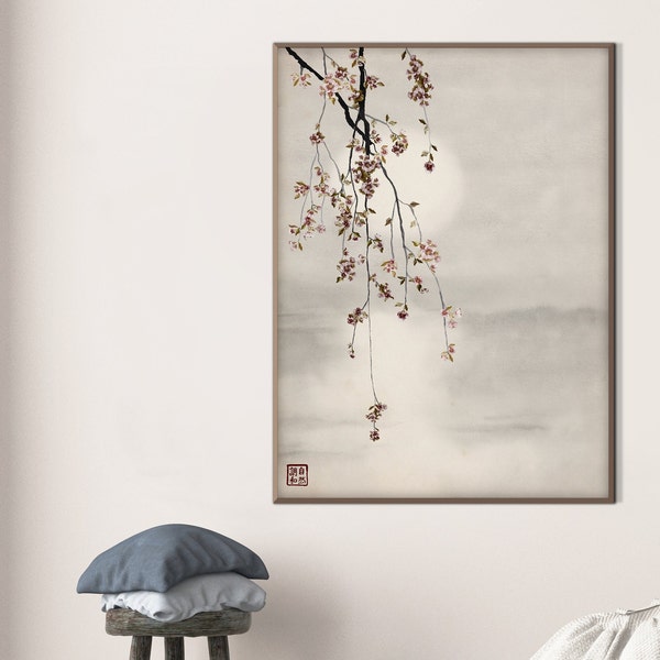 Japanese Sakura Cherry Blossom Water Sunset Print, Oriental Asian Landscape Watercolor Scroll Minimal Zen Feng Shui Decor Eco Friendly Gift