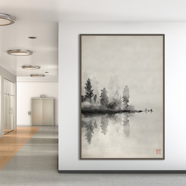 Impression de paysage japonais arbres orientaux brume, encre monochrome aquarelle Art déco minimaliste Zen Feng Shui parchemin mural asiatique cadeau écologique