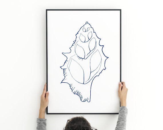 Cut Sea Shell One Line Sketch Printable, Seashell Silhouette Conch Hand Drawing Blue Navy Art Home Beach Nautical decor Gift Her Him