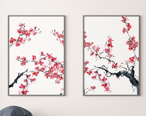 Set of Two Watercolor Japanese Cherry Blossom Printable, Botanical Panels Black Pink Oriental Floral Zen Feng shui Minimal decor Gift