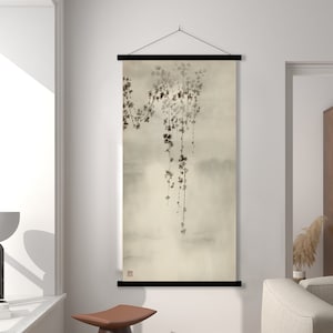 Stampa di trifoglio giapponese con tramonto sull'acqua, paesaggio orientale asiatico con acquerello, decorazione da parete zen minimalista, decorazione Feng Shui, regalo ecologico.