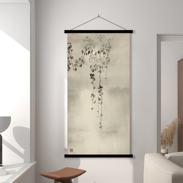 Impression de coucher de soleil sur l'eau, trèfle japonais, paysage asiatique oriental, défilement aquarelle, art mural zen minimal, déco Feng Shui, cadeau écologique