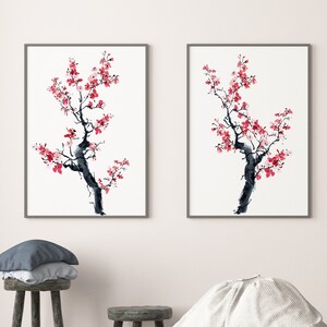 Set of Two Japanese Cherry Blossom and Sparrows Print Botanical Panels Black White Oriental Floral Zen Feng shui Minimal decor Gift Her Him
