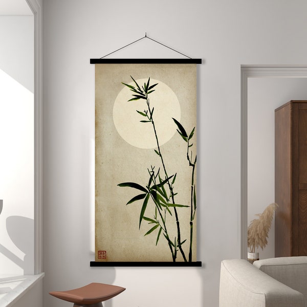 Impression japonaise de coucher de soleil en bambou, paysage asiatique oriental aquarelle SumiE Art minimal Zen Feng Shui mural femme chambre déco cadeau écologique