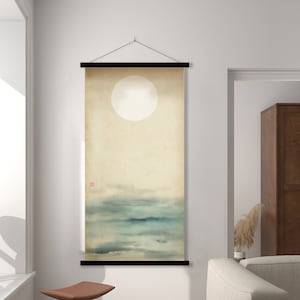 Japanese Moon Seascape Print, Old Paper Ink Watercolor Oriental Rising Sun Scroll Asian Art Minimal decor Zen Feng Shui Eco Friendly Gift