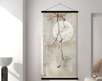 Japanese Oriental Leaves and Moon Landscape Print, Asian Monochrome Ink Watercolor Art Minimal decor Zen Feng Shui Canvas Eco Friendly Gift