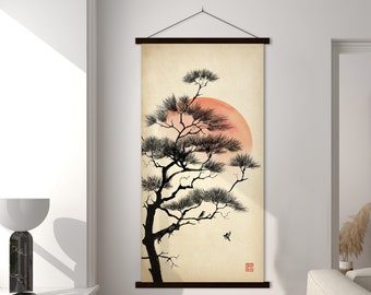 May include: A black and white illustration of a pine tree with a red sun behind it. The illustration is printed on a beige canvas and mounted on a wooden frame. The canvas is hanging on a white wall.
