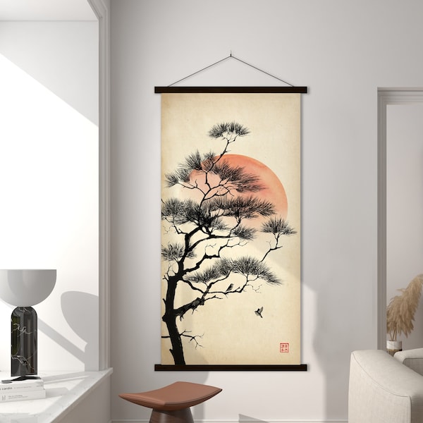 Lámina Póster Japonesa Bambú Dorado, Acuarela Tinta Pájaros Azules Oriental Decoración Minimalista Zen Feng Shui Arte Asiático Regalo