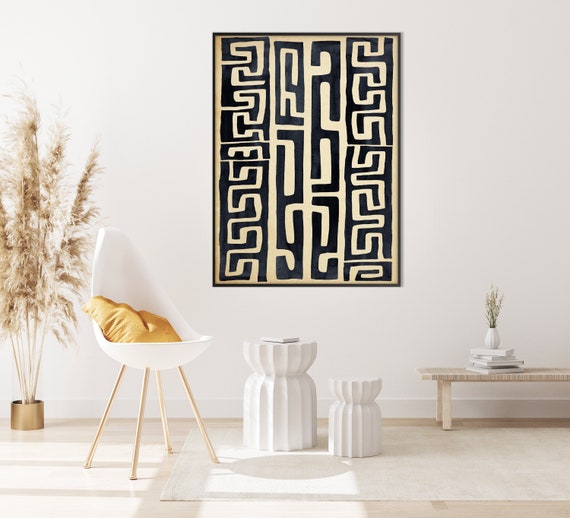 African Pattern Art Print, Ethnic Afro American Art Black Beige Geometric Tribal Style Boho Minimal Decor Housewarming Eco Friendly Gift