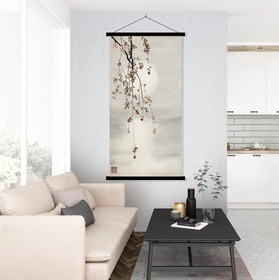 Japanese Sakura Cherry Blossom Sunset Canvas Print, Oriental Asian Landscape Watercolor Scroll Minimal Zen Feng Shui Decor Eco Friendly Gift