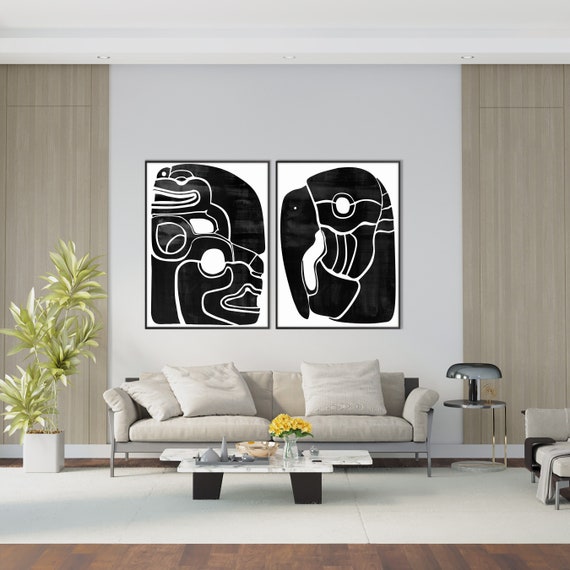 Set of Two Jaguar Snake Parrot Mayan Print,White Black Watercolor American Pre Columbian Minimal Modern decor Housewarming Eco Friendly Gift