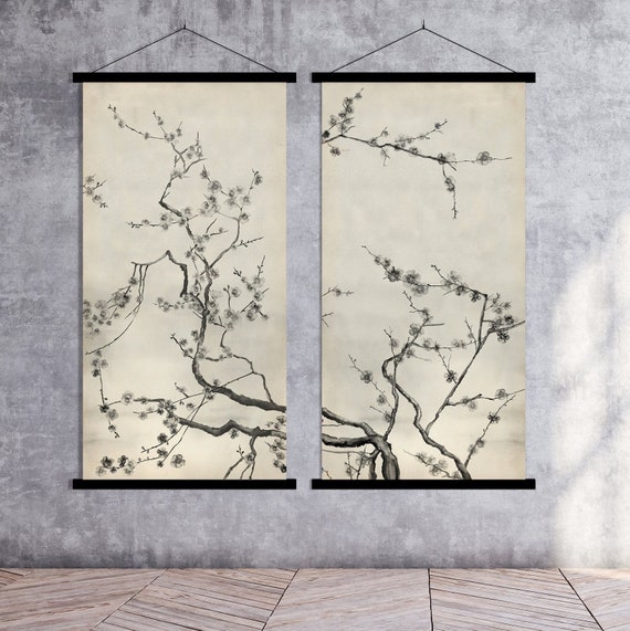 Set of Two Japanese Sakura Cherry Blossom Branches  Print,Oriental Asian Landscape Watercolor Minimal Zen Feng Shui Decor Eco Friendly Gift