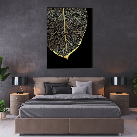 Gold Leaf Art Print, Leaf Skeleton Poster Gold Black Wall Art Scandinavian Nordic Modern Art Minimal Decor Eco Friendly Gift Her Him