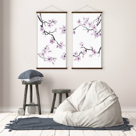 Set of Two Japanese Cherry Blossom Sakura Branch Print, Asian Scroll Black Pink Oriental SumiE Zen Feng shui Minimal decor Eco Friendly Gift