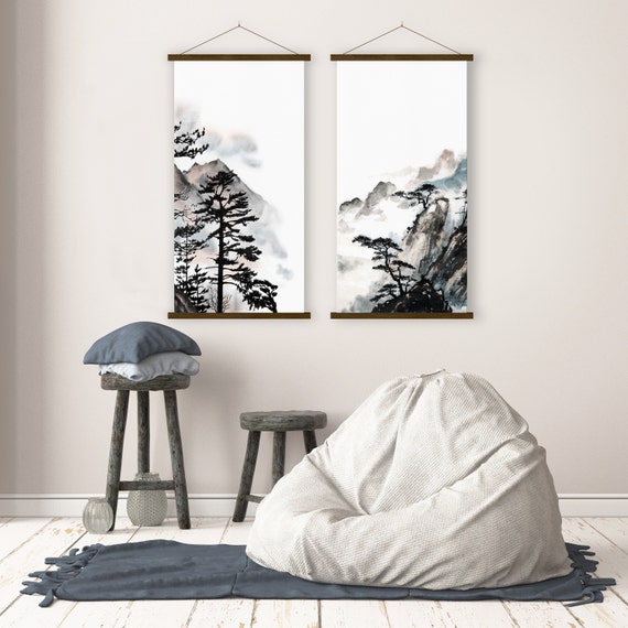 Set of Two Mountain Landscape Print, Monochrome Asian Ink Watercolor Scroll Art Minimal decor Zen Feng Shui wall art Eco Friendly Gift