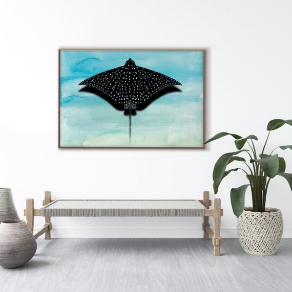 Eagle Ray Print, Shark Wall Art Aetobatus Narinari Wild life Poster Black White Eco Friendly Gift Beach Farmhouse Nautical decor