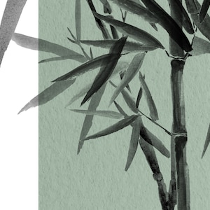 May include: Black and white ink painting of bamboo stalks and leaves on a light green background.