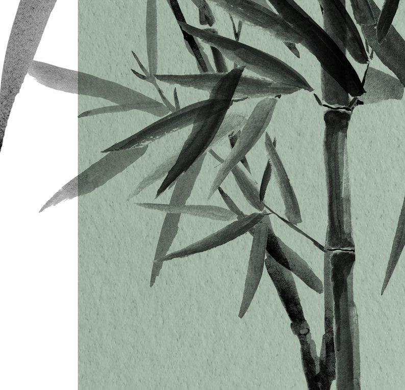 May include: Black and white ink painting of bamboo stalks and leaves on a light green background.
