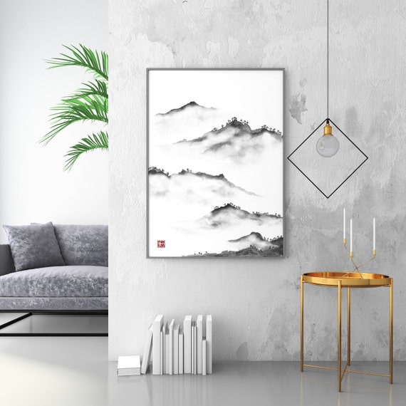 Japanese Sumi E Mist and Mountains Print, Oriental Fog Landscape Ink Watercolor Minimal decor Zen Feng Shui Scroll Asian Eco Friendly Gift