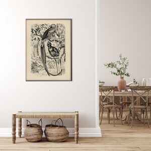 May include: Black and white vintage illustration of two birds perched on a branch. The birds have long tails and are surrounded by foliage.