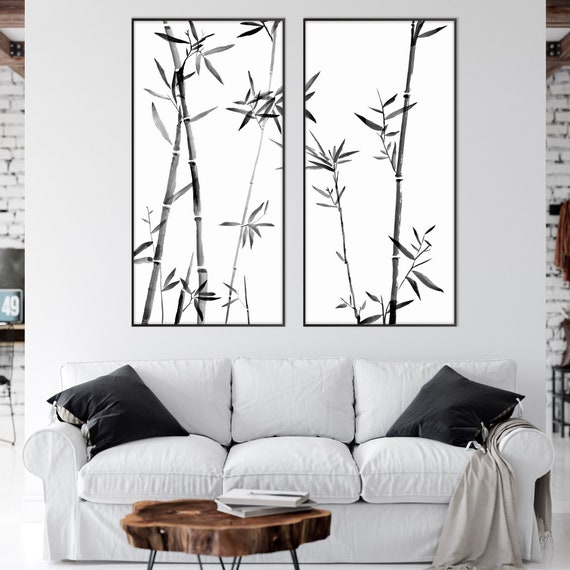 Set of Two Japanese Sumi E Bamboo Branches Print, Oriental Asian Landscape Ink Watercolor Minimal Zen Feng Shui Decor Eco Friendly Gift