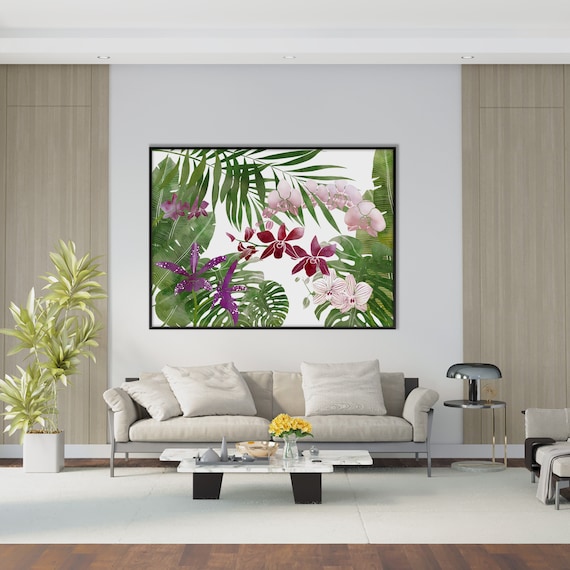 Tropical Plants Leaves and Orchids Print, Watercolor Monstera Banana Palm Leaf Flower Living Room Beach Decor Housewarming Eco Friendly Gift