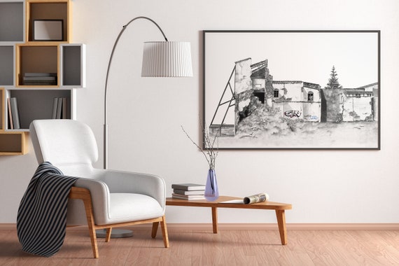 Urban Landscape Ruins Charcoal Poster Print, Graffiti City Wall Art Black and White Color Modern Livingroom Eco Friendly Art Gift for