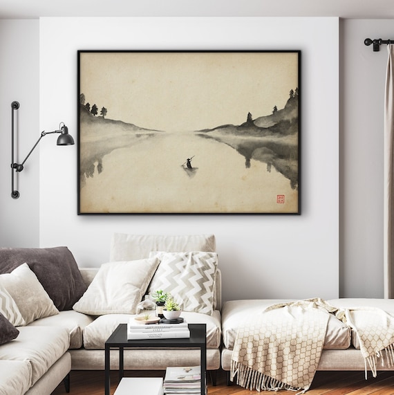 Japanese Oriental Landscape Oarsman Print, Old Paper Monochrome Ink Watercolor SumiE Minimal decor Zen Feng Shui Asian Eco Friendly Gift