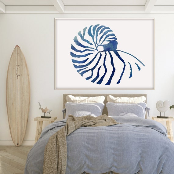 Nautilus Shell Print, oversized Wild Life Prints Blue Gold Wall Art Beach Nautical decor Eco Friendly Housewarming Gift Her Him