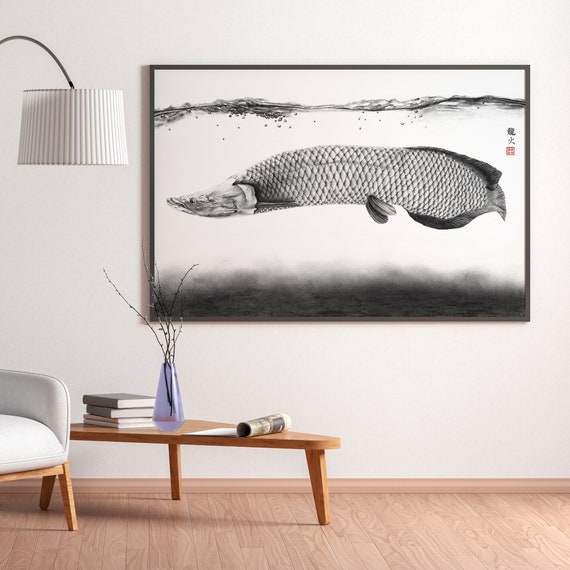 Arapaima Gigas Fish Watercolor Poster Print, Japanese Gyotaku Style Piracuru Paiche Black White Eco Friendly Gift Minimal Nautical Decor