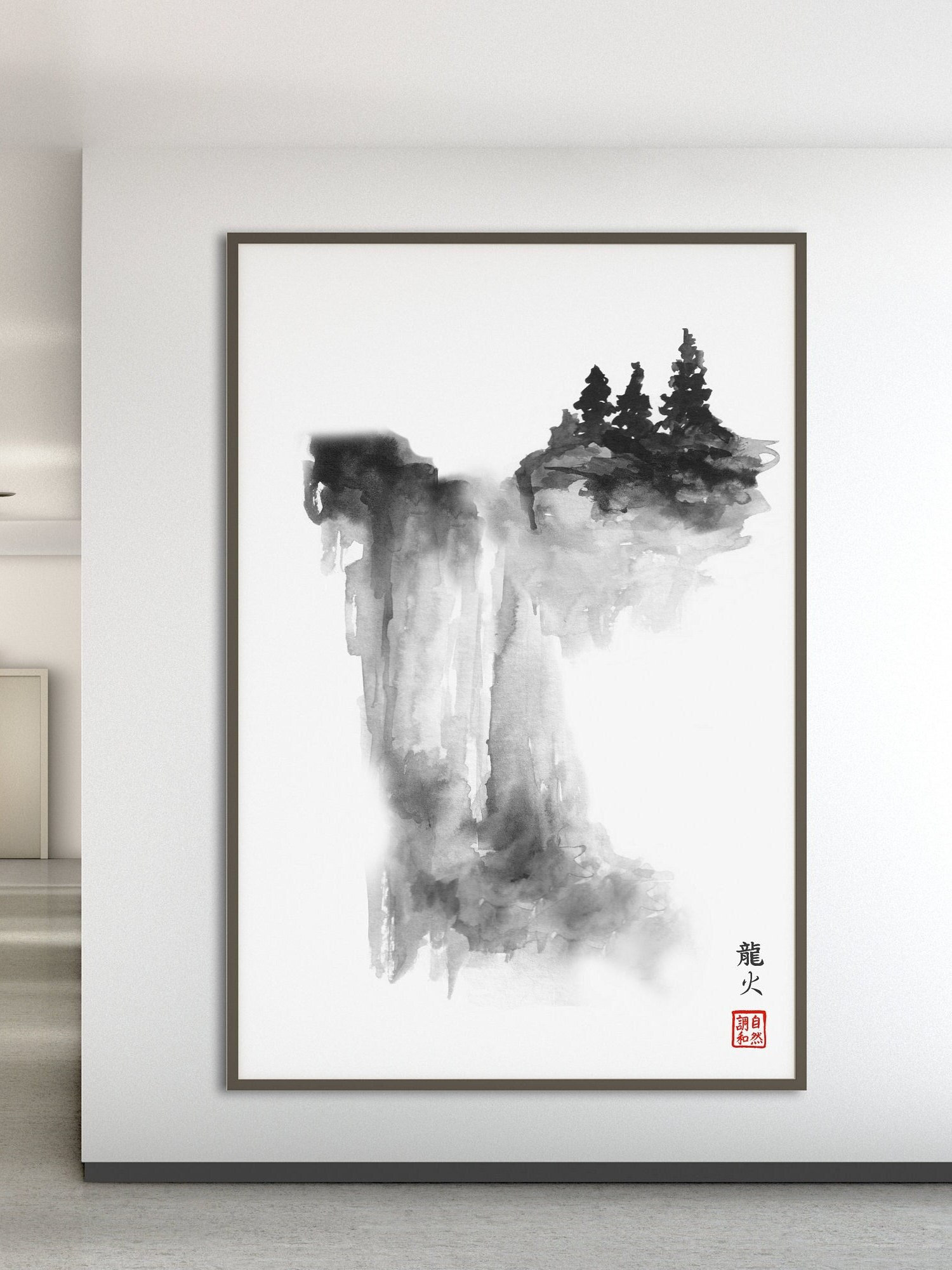 Japanese Sumi E Waterfall Mountain Trees Print Japanese Asian Etsy UK
