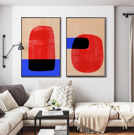 Set of Two Abstract Shapes Art Print, Contemporary Vibrant Colors Vermillion Watercolor Minimal Modern decor Housewarming Eco Friendly Gift