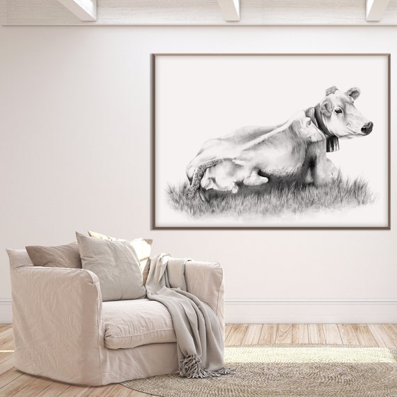 Charolais Cow Wall Art Print, Charcoal Drawing Poster Black White Cow Pictures Farm House Wall Decor Oversized Poster Eco Friendly Gift