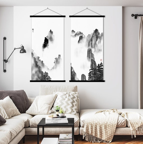 Set of Two Japanese Mountain Guilin Landscape Print, Ink Watercolor Scroll Asian decor Sumi E Wall Art Zen Feng Shui Eco Friendly Gift