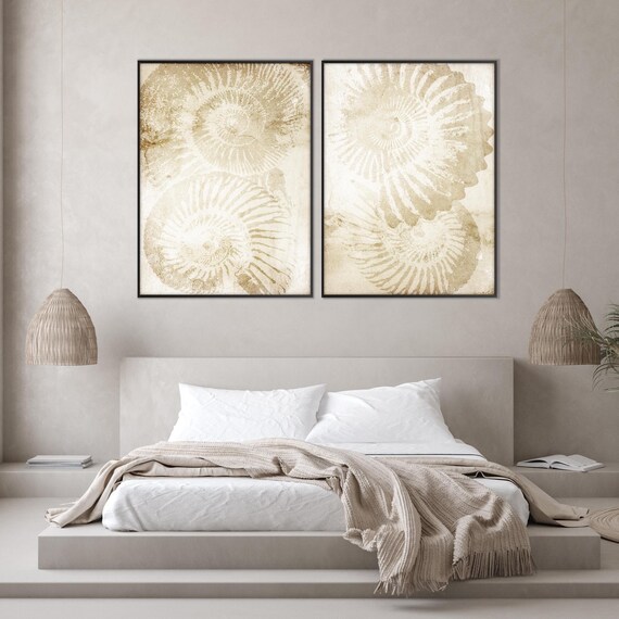 Set of Two Ammonites Fossil Shell Print, oversized Spiral Prints Ochre Wall Art Beach Nautical decor Eco Friendly Housewarming Gift Her Him