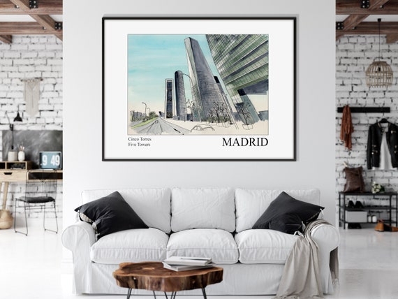 Madrid City Five Towers Poster Print, Urban Landscape Wall Art Watercolor Sketch Modern Livingroom Eco Friendly Art Housewarming Gift