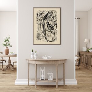 May include: Black and white vintage illustration of two birds perched on a branch in a jungle setting. The birds have long, detailed feathers and are depicted in a realistic style.