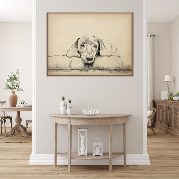 Dachshund Ornament Print, Pet Pictures Dog Sketch Head Silhouette Line Art Sausage Dog Gift Pencil Art Print Room Decor Oversized Poster