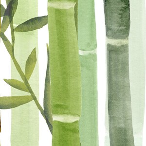 May include: A watercolor painting of green bamboo stalks with a light green background. The bamboo stalks are painted in a vertical orientation and have a textured appearance.