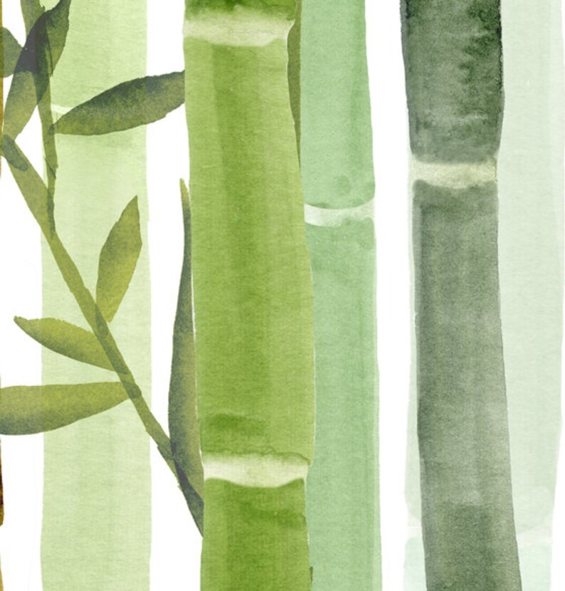 May include: A watercolor painting of green bamboo stalks with a light green background. The bamboo stalks are painted in a vertical orientation and have a textured appearance.