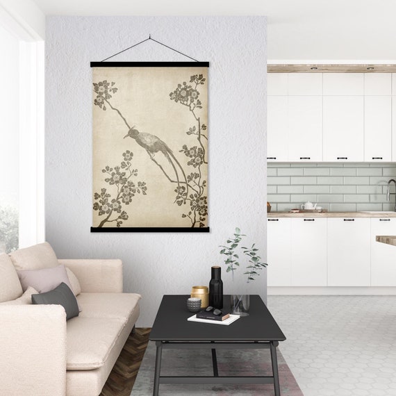 Oriental Birds Cherry Blossom Print, Floral Chinoiserie Style Ink Asian Chinese Scroll Feng Shui Modern Minimal Decor Eco Friendly Gift