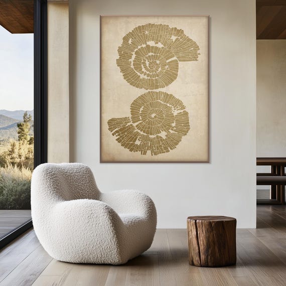 Neutral Coastal Ammonites Wall Art Print, Abstract Fossil Spiral Artwork, Organic Wabi Sabi Modern Beige Contemporary Home Decor