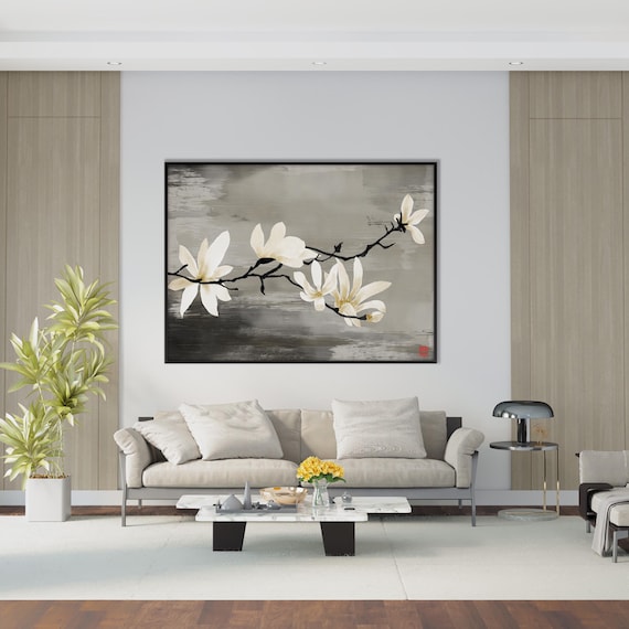 Japanese Sumi E Magnolia Print, Asian Oriental Ink Watercolor Wall Minimal Zen Feng Shui Room Decor Housewarming Eco Friendly Gift