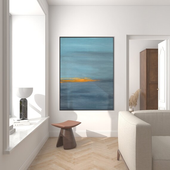 Seascape Art Print, Sunset landscape Minimal Watercolor Modern Livingroom Decor Grey Blue Orange Housewarming Eco Friendly Gift