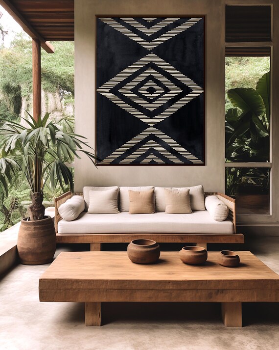 African Pattern Art Print, Ethnic Afro American Art Black Beige Geometric Tribal Style Boho Minimal Decor Housewarming Eco Friendly Gift